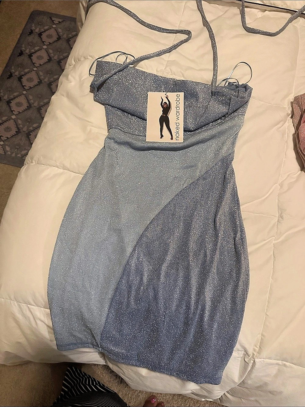 naked wardrobe Light Blue Sparkle Halter Mini Dress in Blue